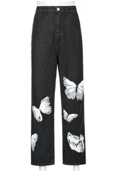 Pantalones vaqueros negros con estampado de mariposas vintage